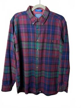 Pendleton 100% Virgin Wool Plaid Shirt Mens L Button Down Vtge Green Burgundy